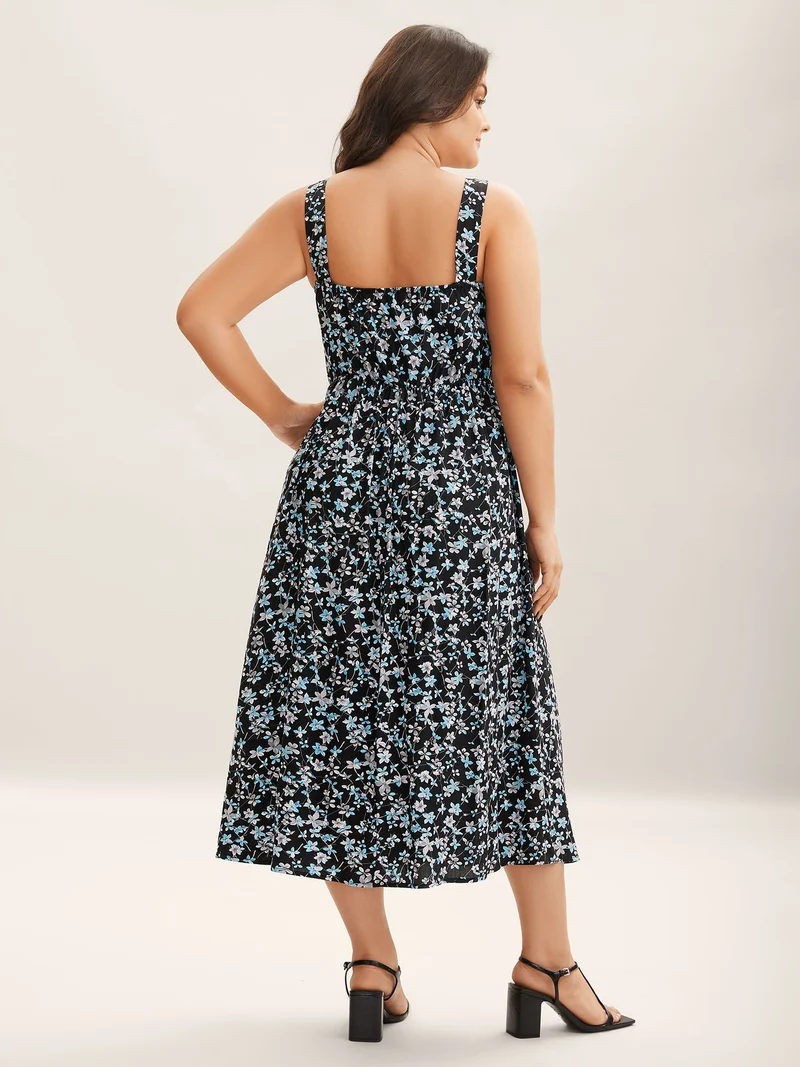 Floral Print Button Detail Sleeveless Pockets Midi Dress