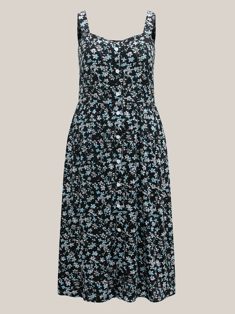 Floral Print Button Detail Sleeveless Pockets Midi Dress