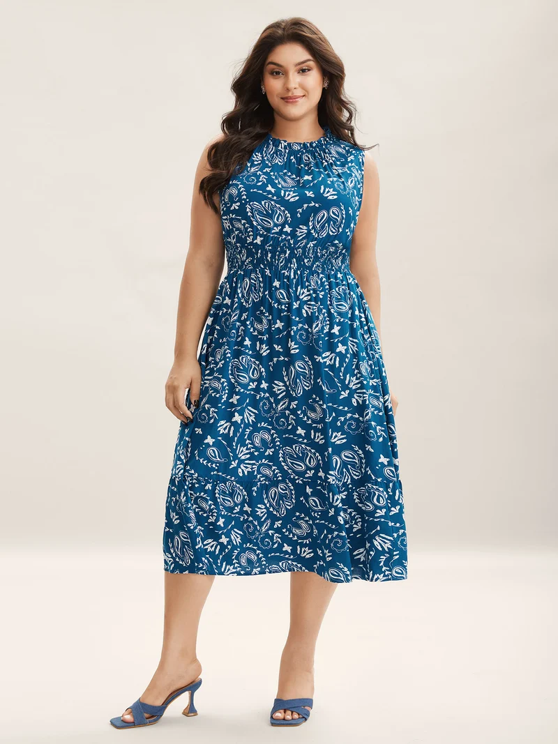 Paisley Print Shirred Sleeveless Midi Dress