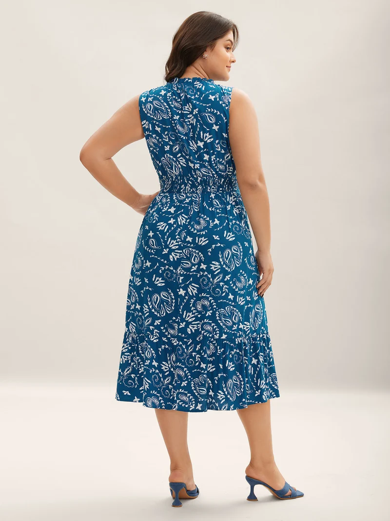 Paisley Print Shirred Sleeveless Midi Dress