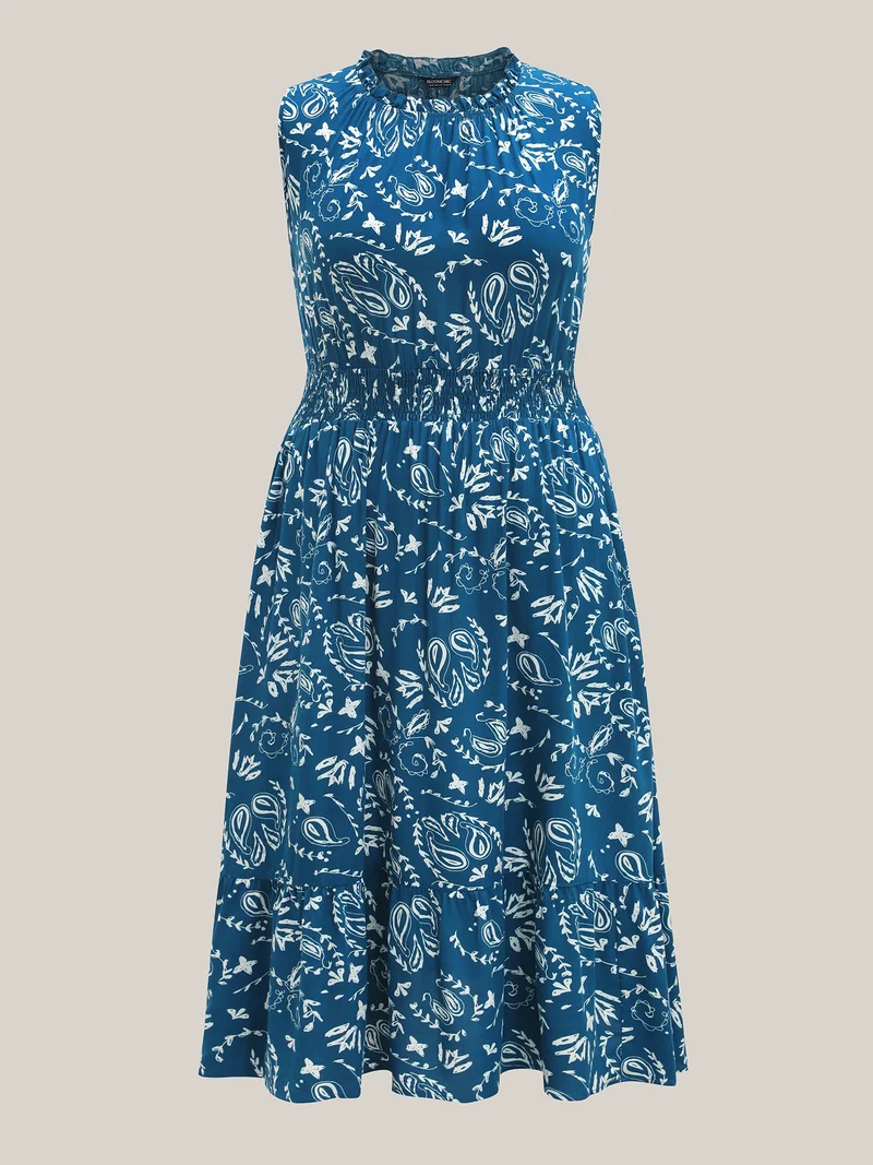Paisley Print Shirred Sleeveless Midi Dress