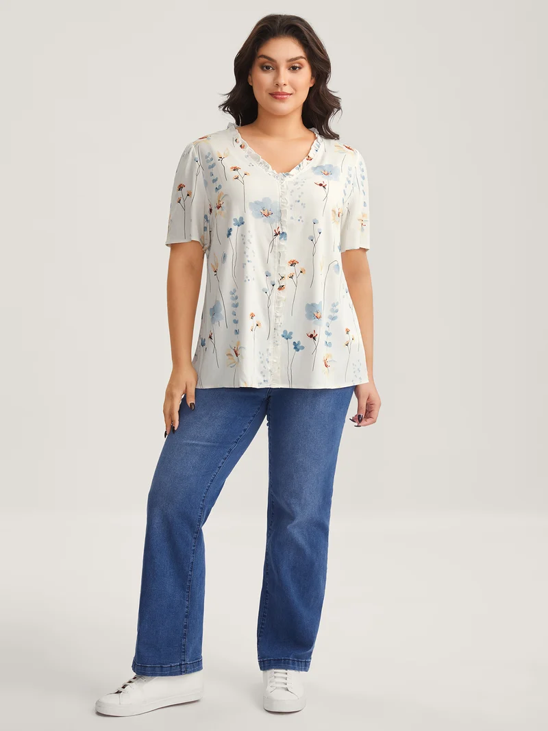 Floral Print Ruffled Placket Blouse