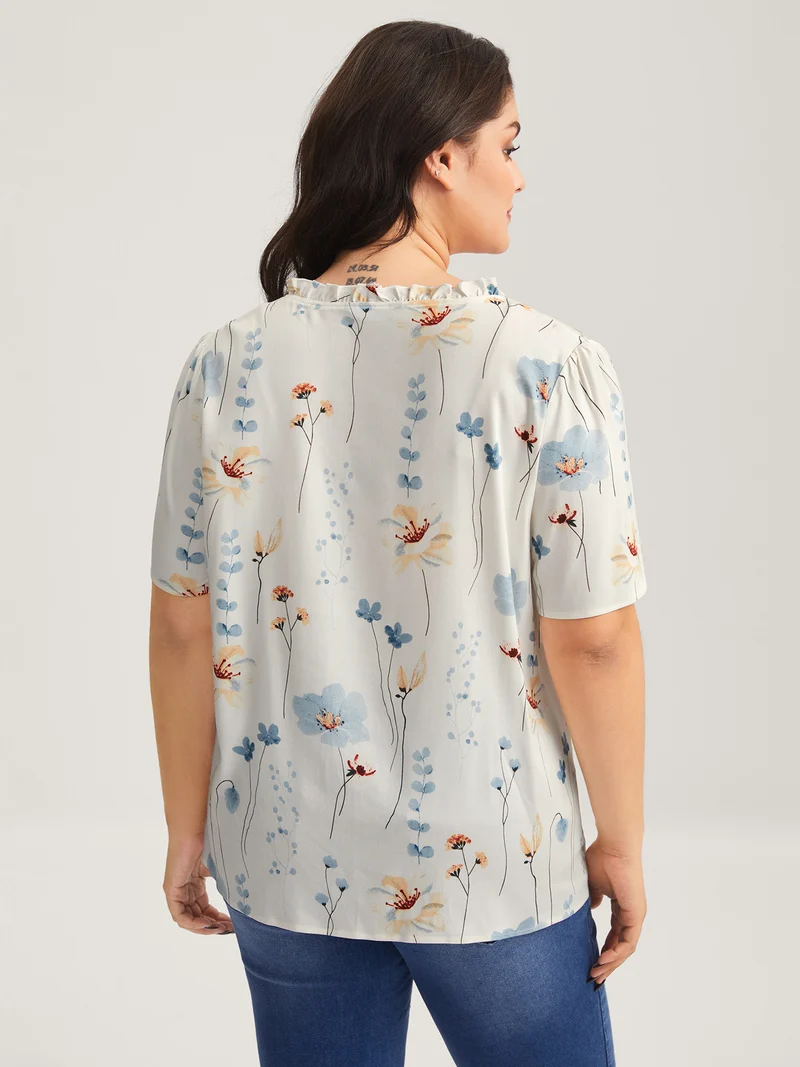 Floral Print Ruffled Placket Blouse