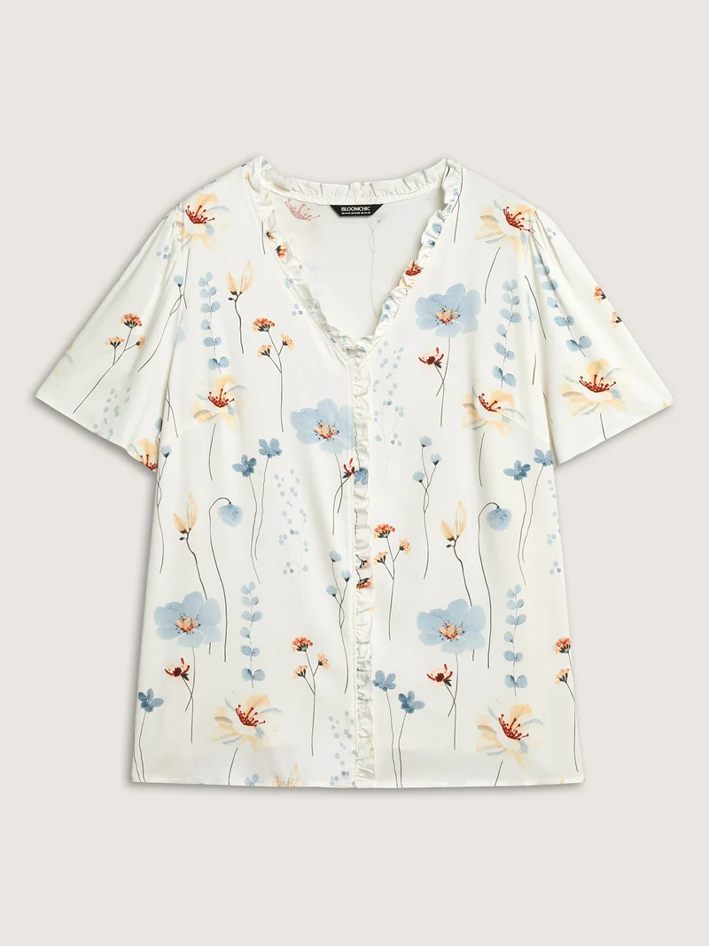 Floral Print Ruffled Placket Blouse