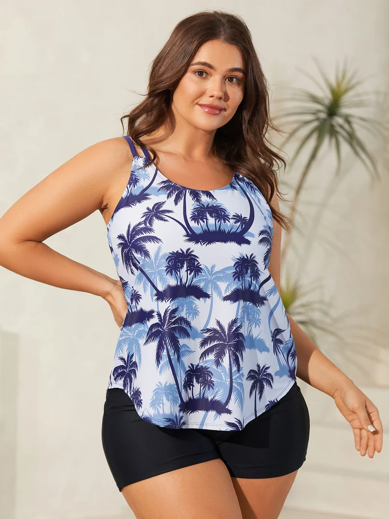 Tropical Print Curvy Hem Swim Top