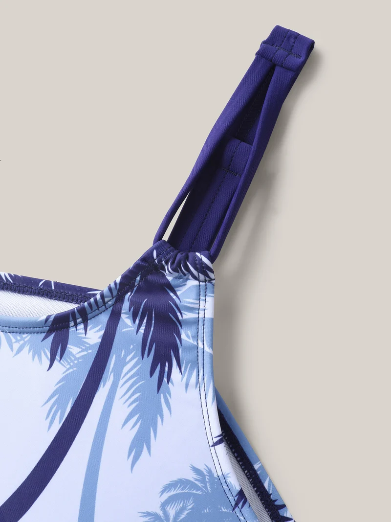 Tropical Print Curvy Hem Swim Top