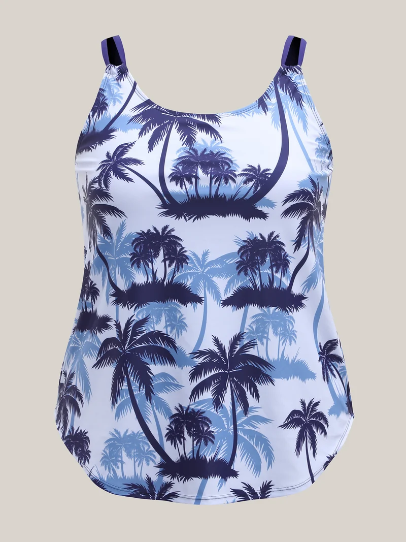 Tropical Print Curvy Hem Swim Top