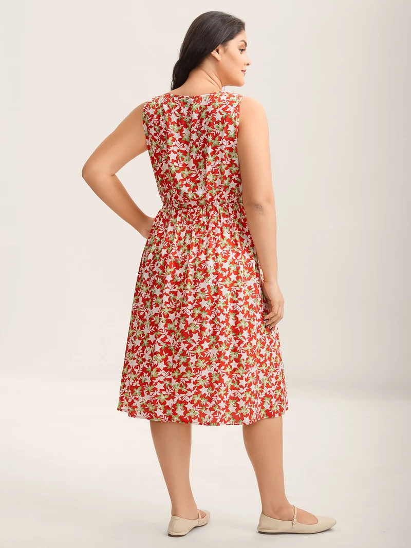 Floral Print Sleeveless Pockets Midi Dress