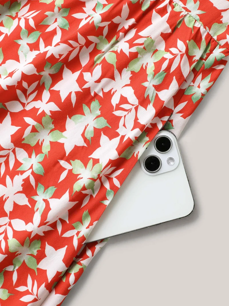 Floral Print Sleeveless Pockets Midi Dress