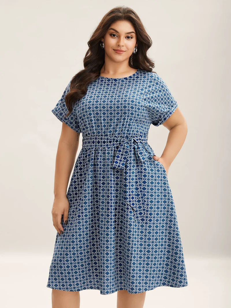 Geometric Print Belted Pockets Midi Dress