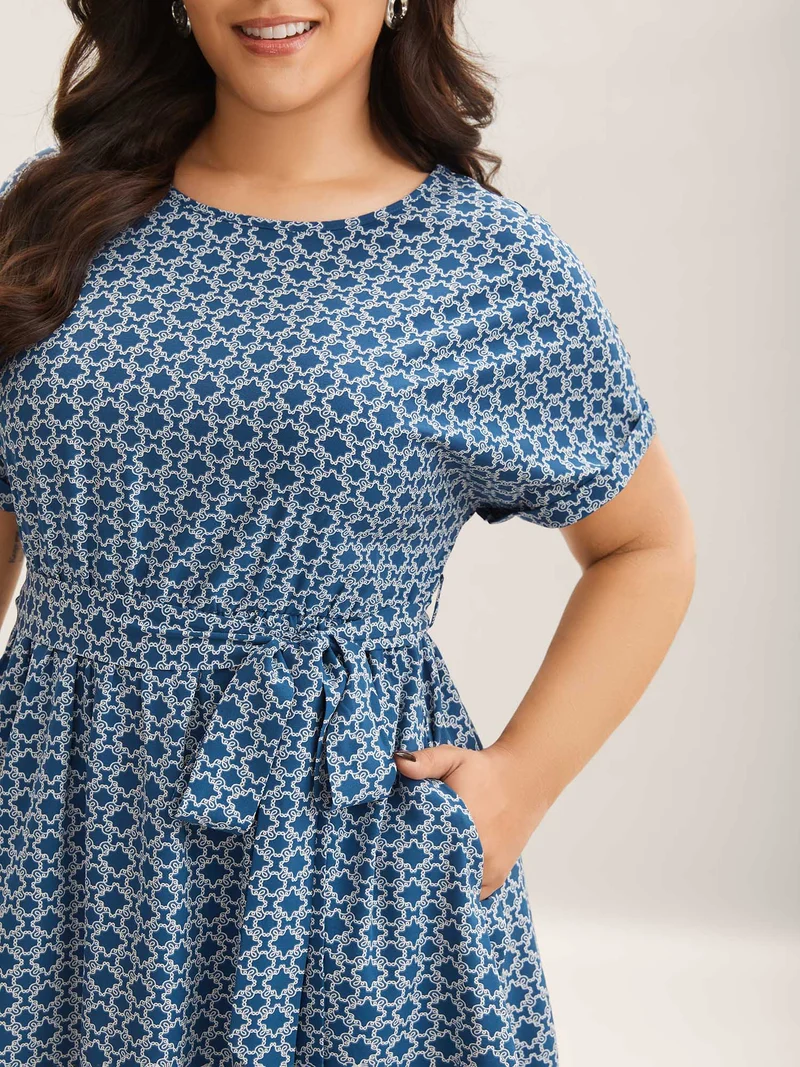 Geometric Print Belted Pockets Midi Dress