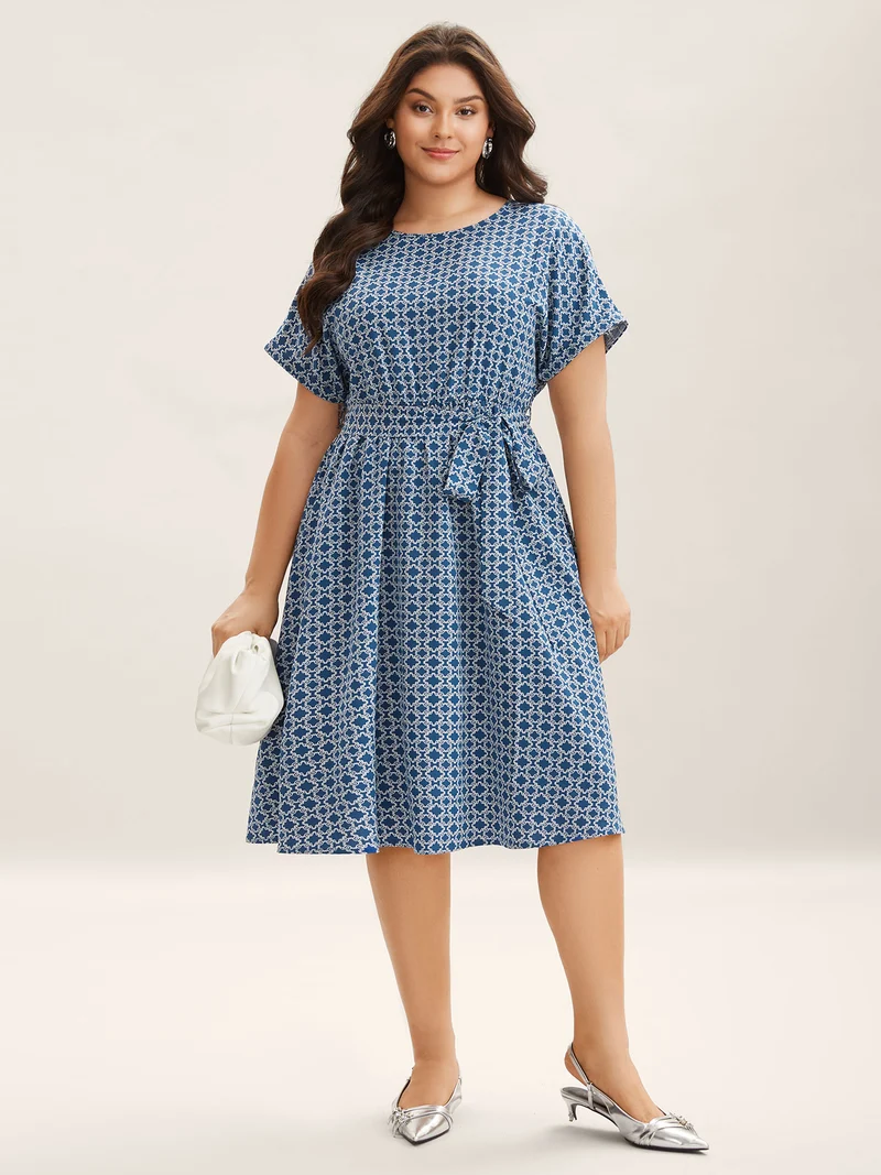Geometric Print Belted Pockets Midi Dress