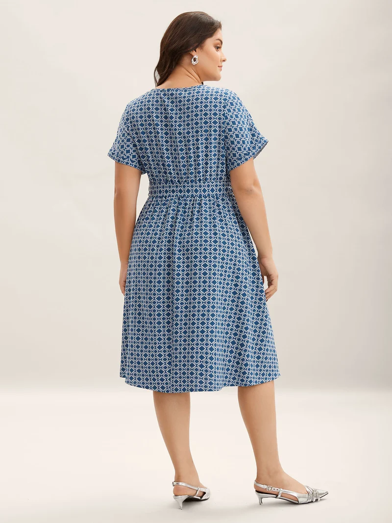 Geometric Print Belted Pockets Midi Dress