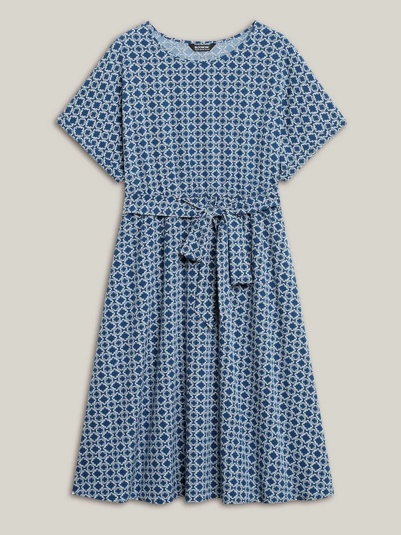Geometric Print Belted Pockets Midi Dress