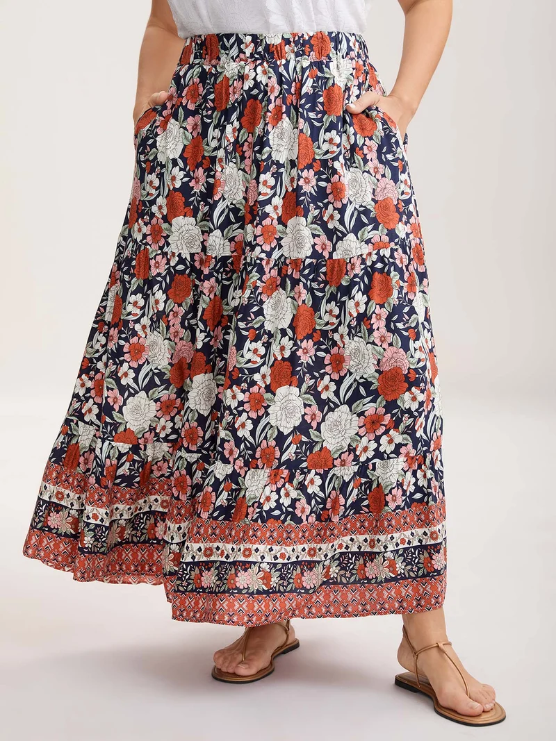 Rayon Breezy Floral Print Tiered Back Maxi Skirt