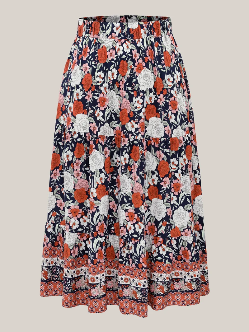 Rayon Breezy Floral Print Tiered Back Maxi Skirt