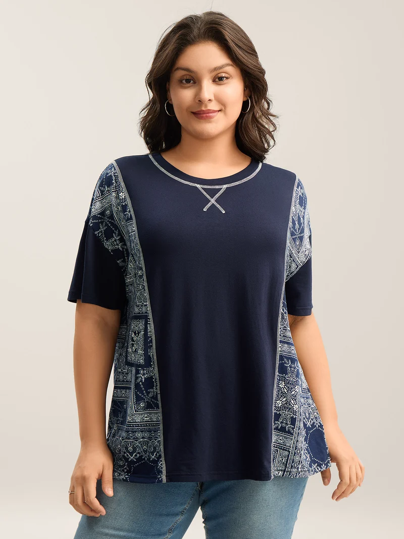 Geometric Print Spliced Solid T-Shirt