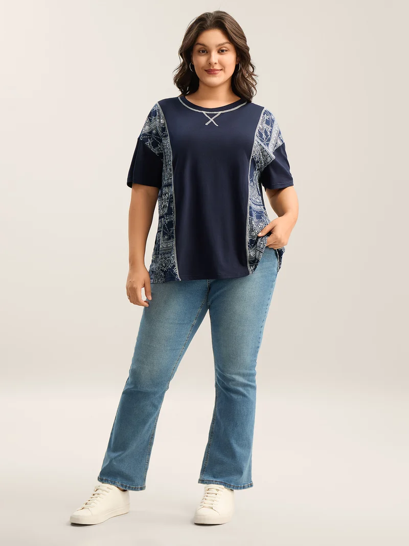Geometric Print Spliced Solid T-Shirt