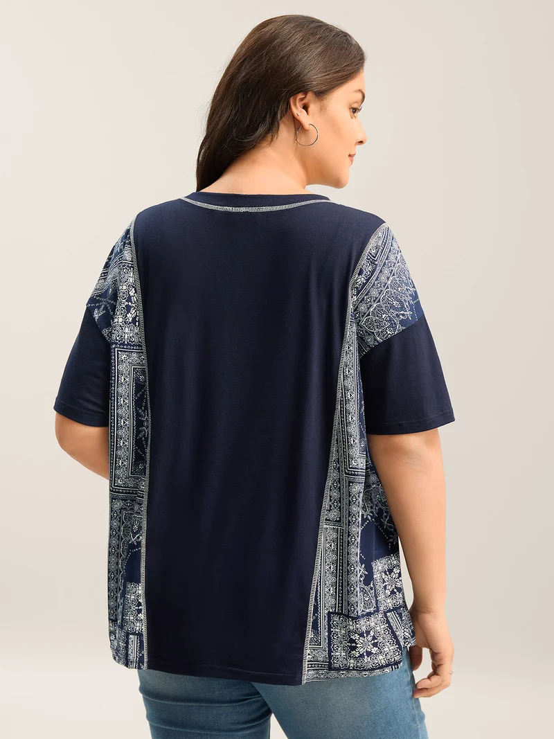 Geometric Print Spliced Solid T-Shirt