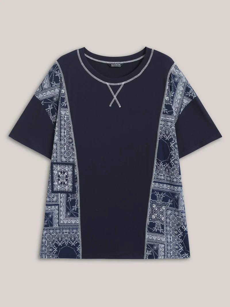 Geometric Print Spliced Solid T-Shirt