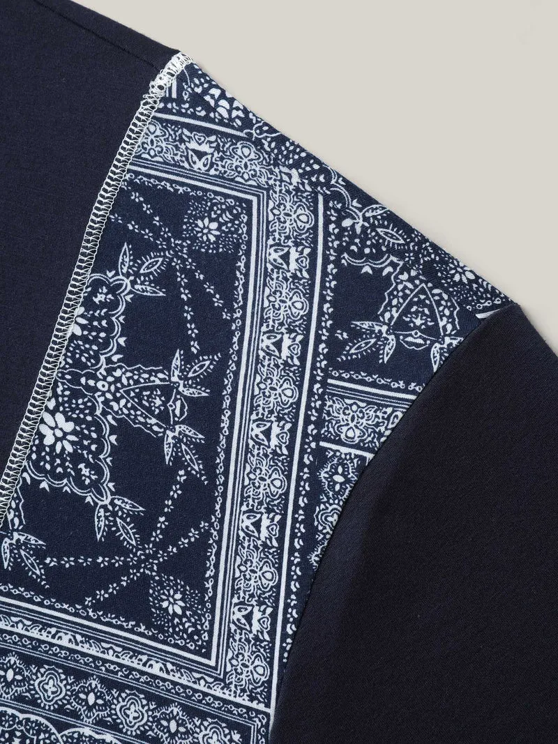 Geometric Print Spliced Solid T-Shirt