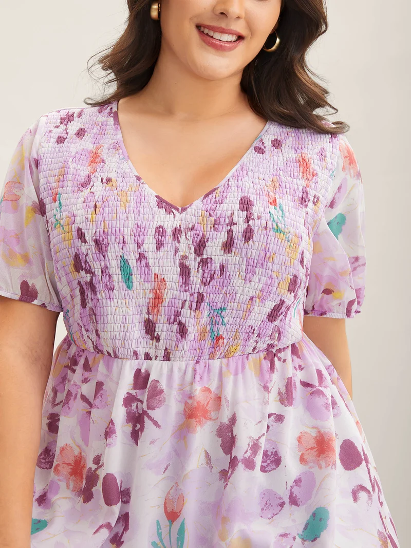 Floral Print Shirred Bodice Blouse