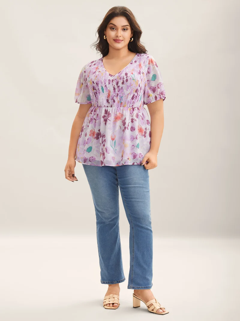 Floral Print Shirred Bodice Blouse