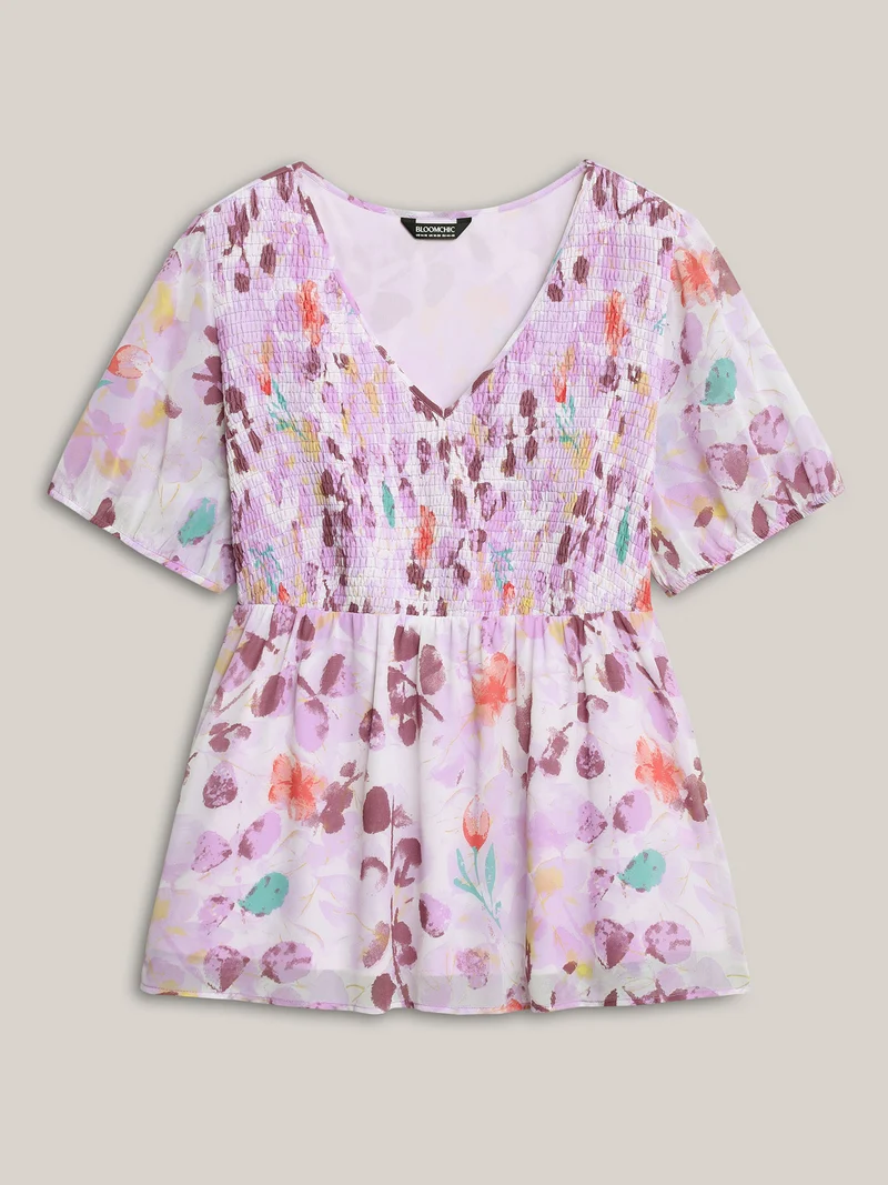 Floral Print Shirred Bodice Blouse
