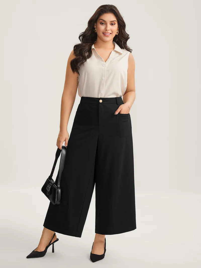 Pockets Wide-Leg Solid Pants