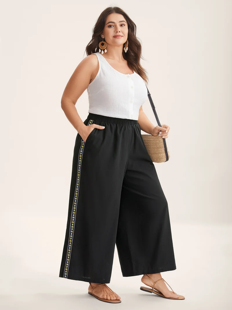 Lace Detail Solid Straight-Leg Pants