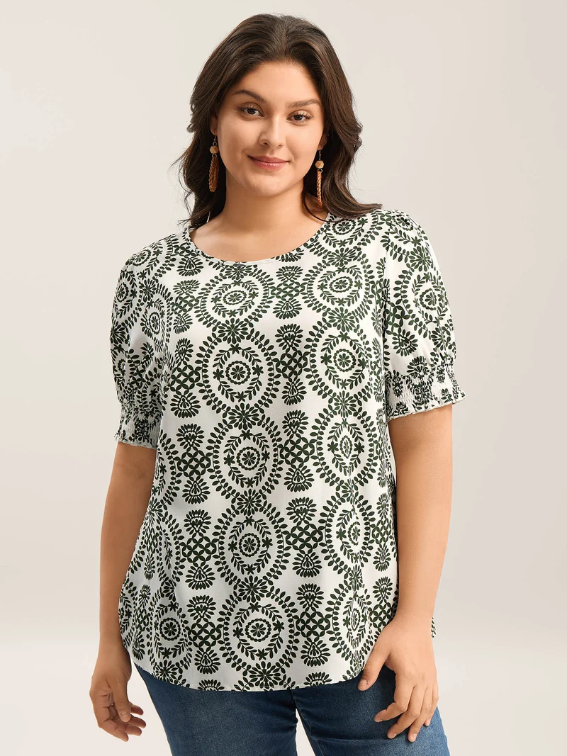 Ornate Print Shirred Blouse