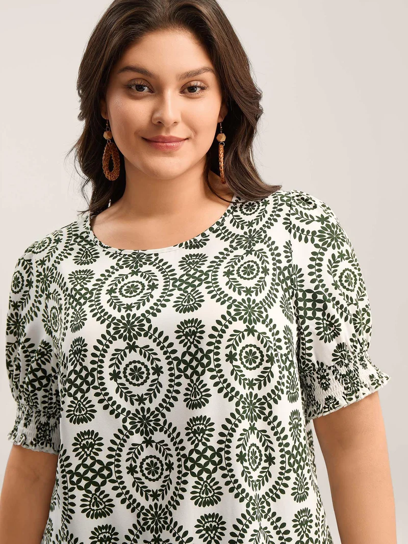 Ornate Print Shirred Blouse