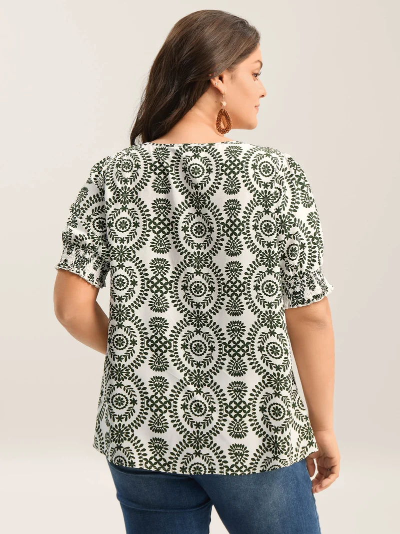 Ornate Print Shirred Blouse