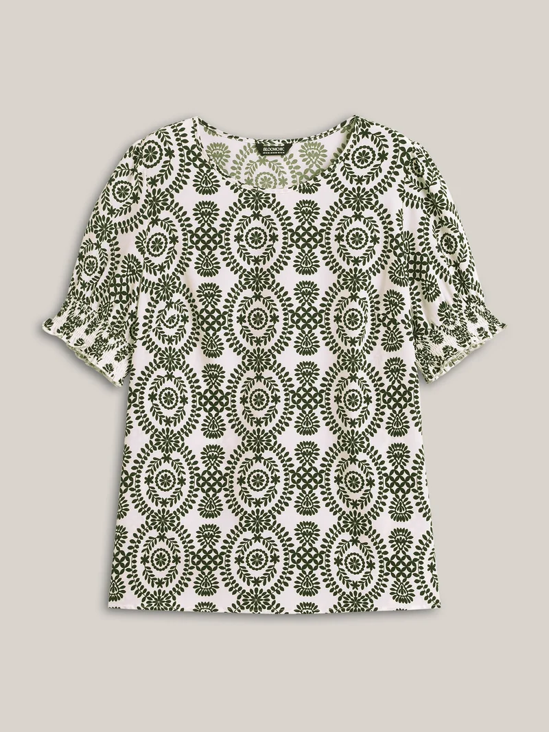 Ornate Print Shirred Blouse
