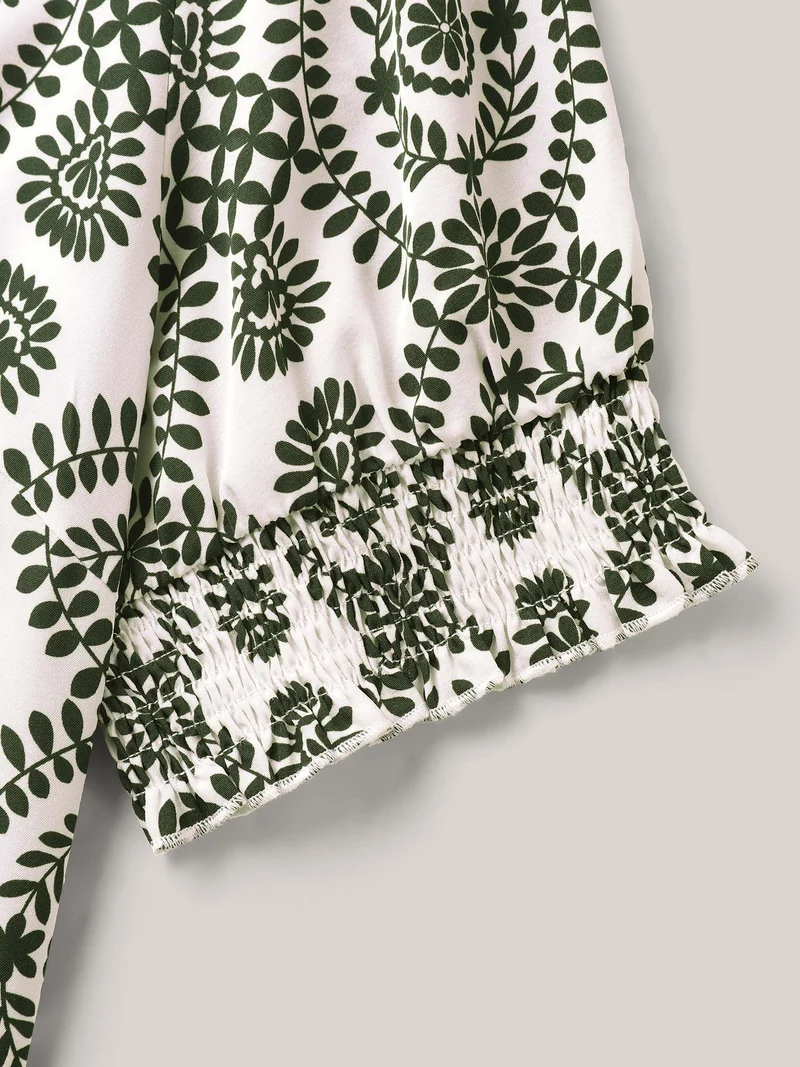 Ornate Print Shirred Blouse