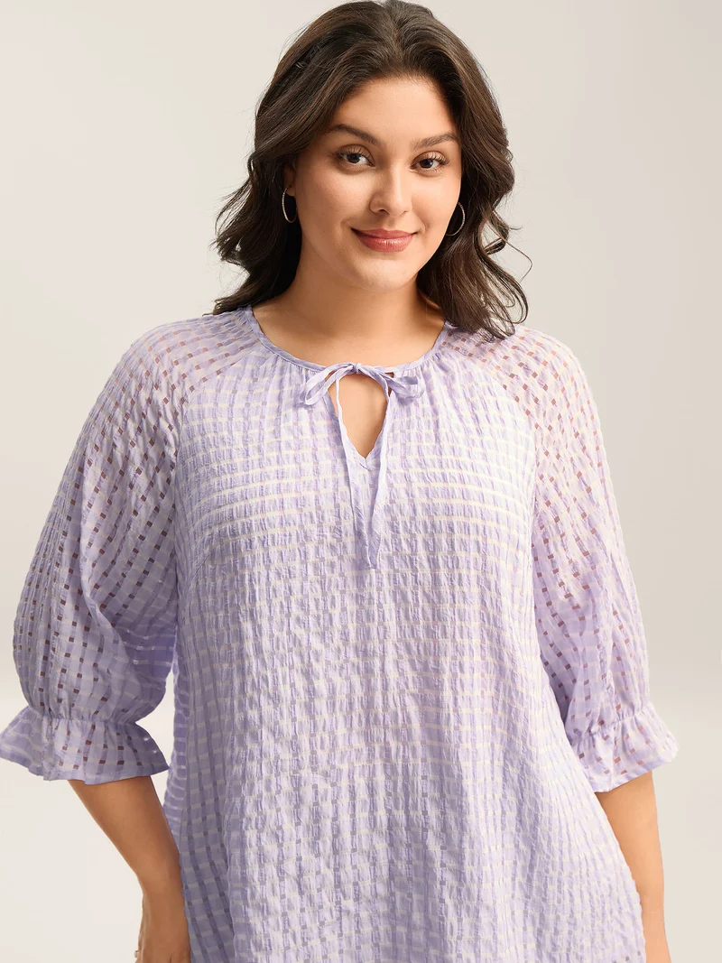 Grid Textured Keyhole Tie Blouse