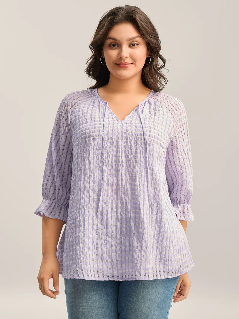 Grid Textured Keyhole Tie Blouse