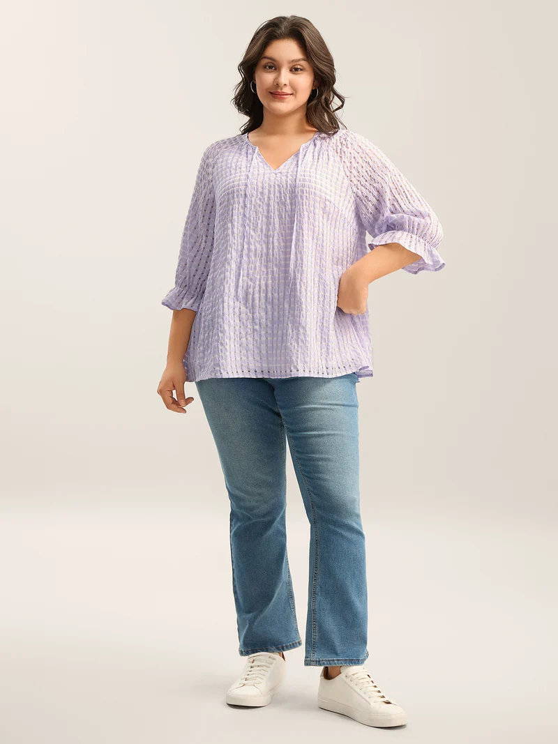 Grid Textured Keyhole Tie Blouse