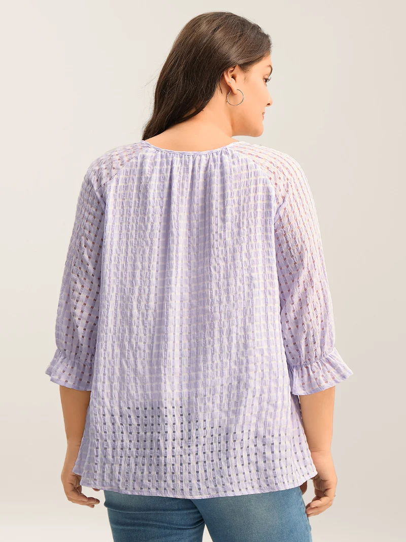 Grid Textured Keyhole Tie Blouse