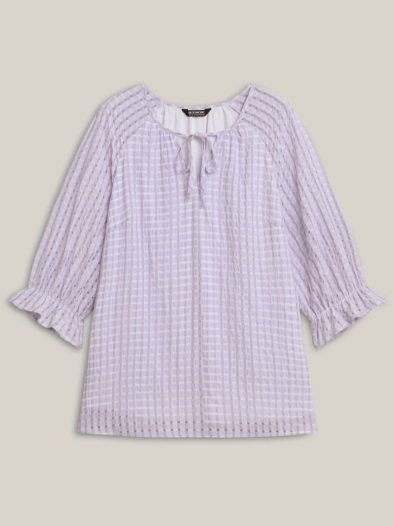 Grid Textured Keyhole Tie Blouse