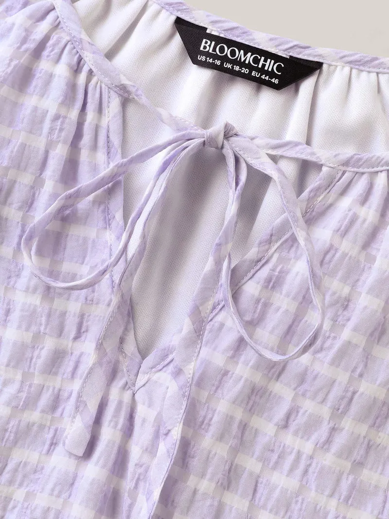 Grid Textured Keyhole Tie Blouse