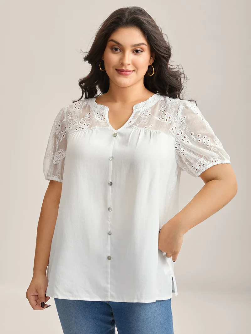 Eyelet Trim Sheer Button Detail Blouse