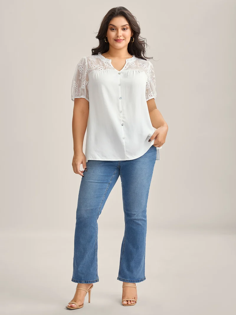 Eyelet Trim Sheer Button Detail Blouse