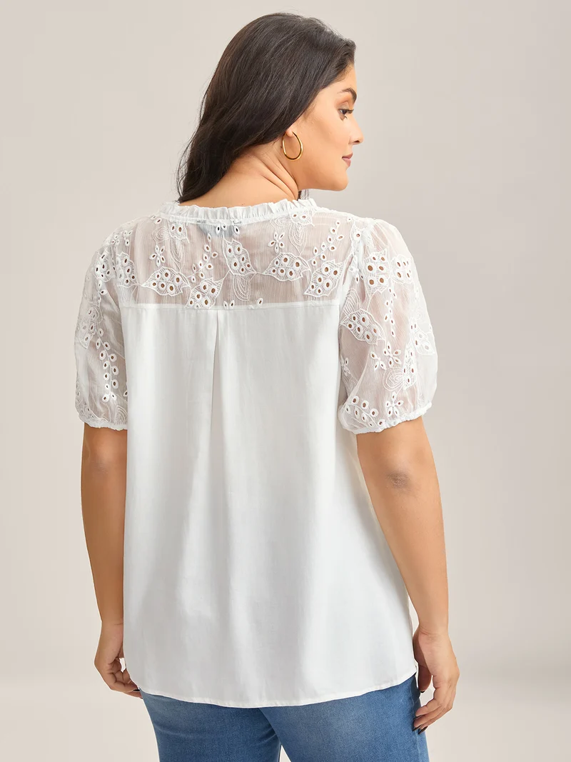 Eyelet Trim Sheer Button Detail Blouse
