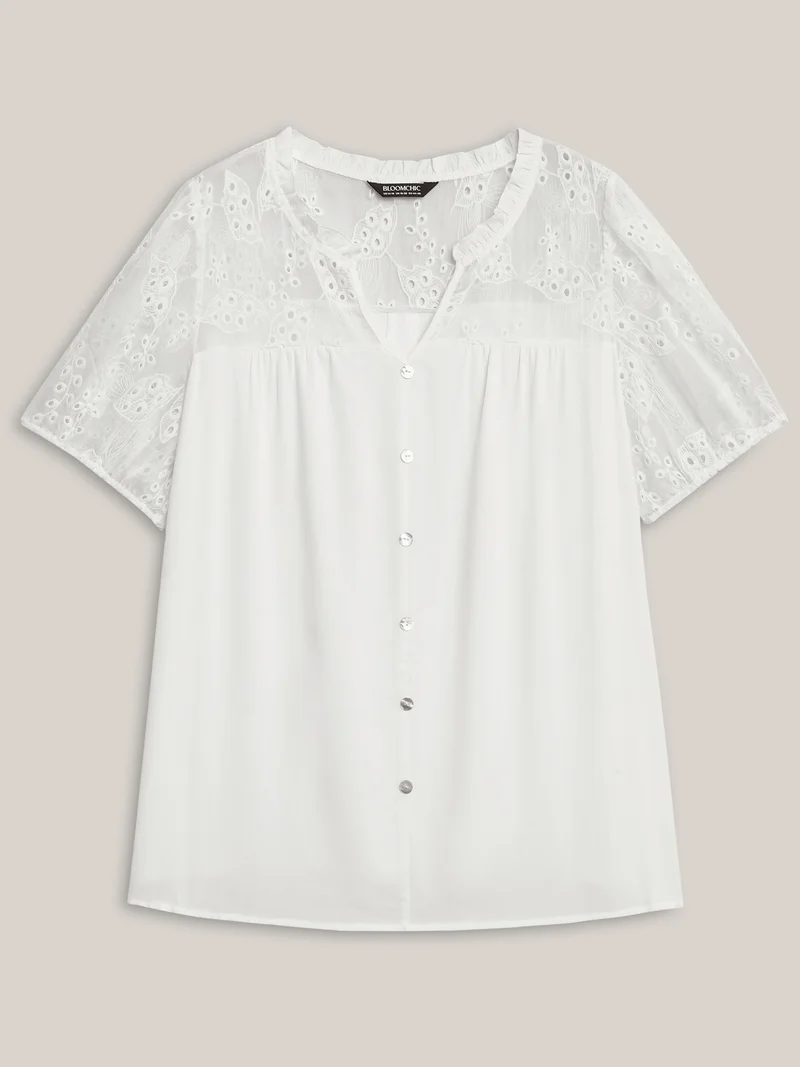 Eyelet Trim Sheer Button Detail Blouse