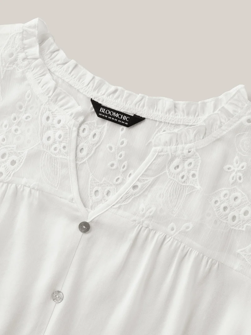 Eyelet Trim Sheer Button Detail Blouse