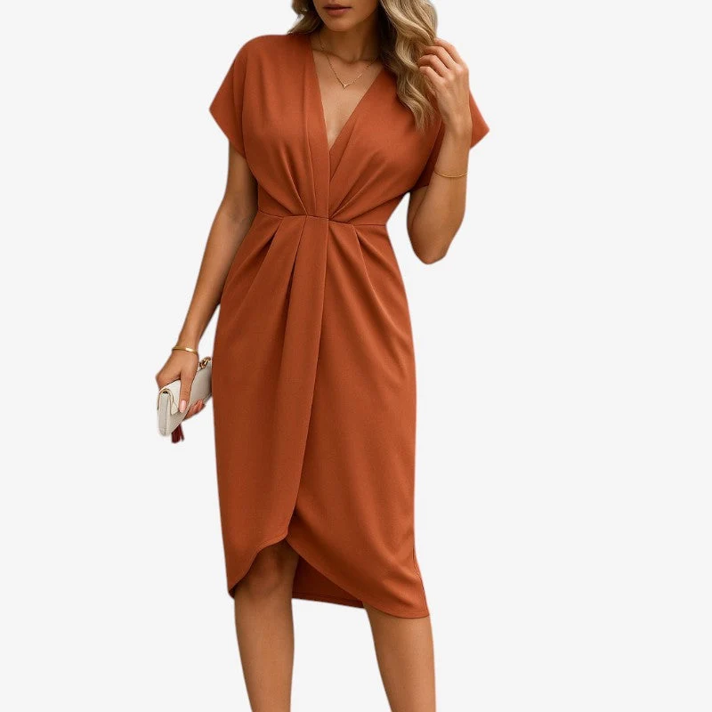 Robe Midi Femme avec Col en V et Manches Évasées