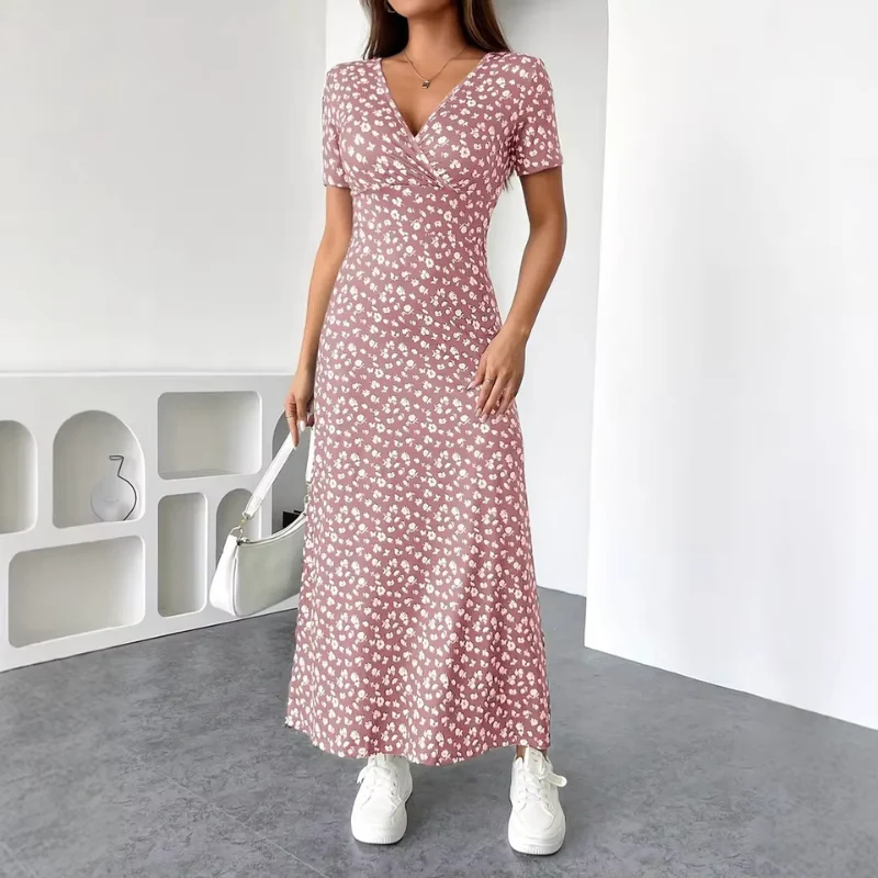 Robe Midi Fleurie Femme avec Col en V