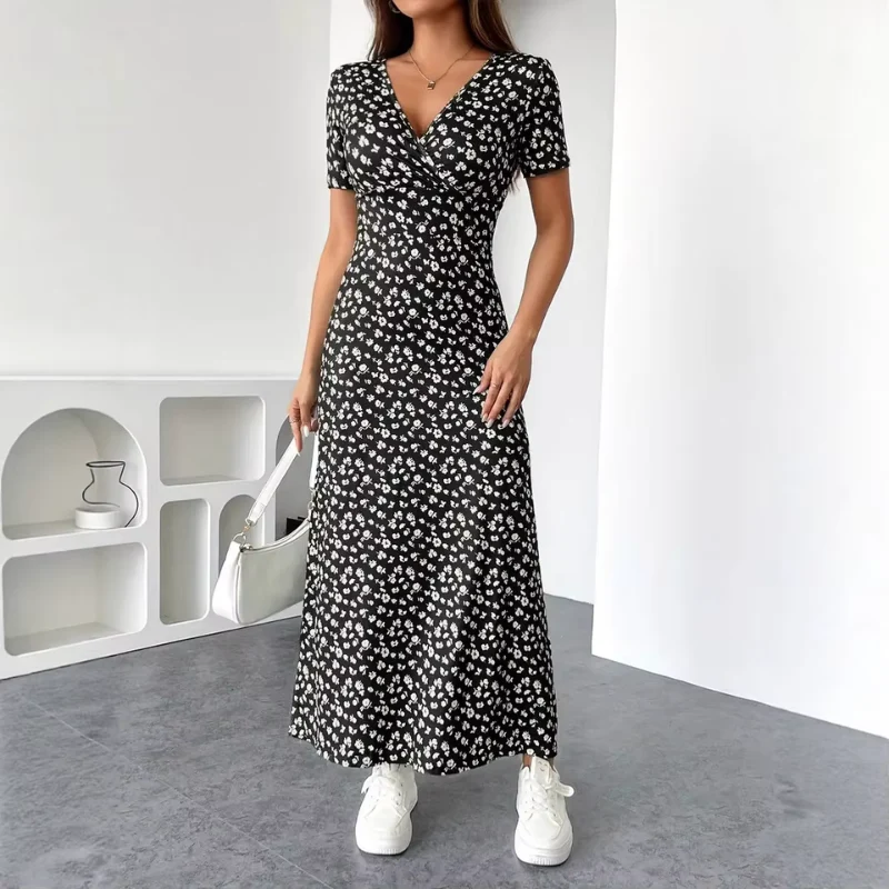 Robe Midi Fleurie Femme avec Col en V