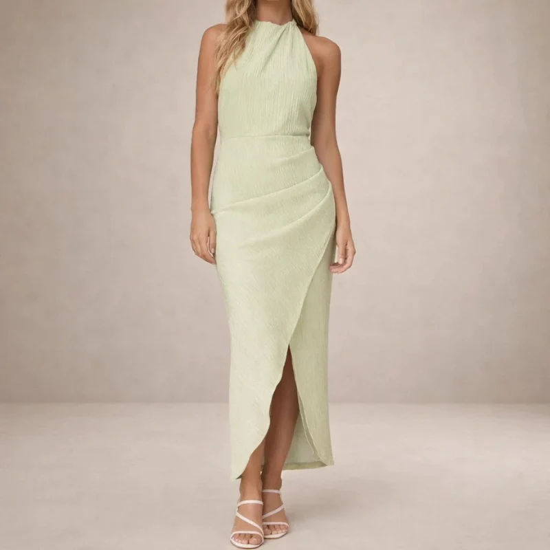 Robe femme portefeuille sans manches col montant